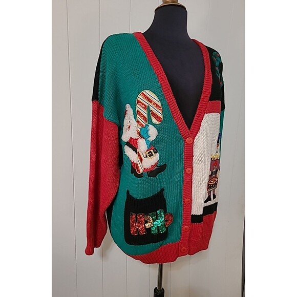 VTG Work In Progress Cardigan Sweater Knit Women Sz 2X Holiday Mistletoe Santa - Picture 2 of 12